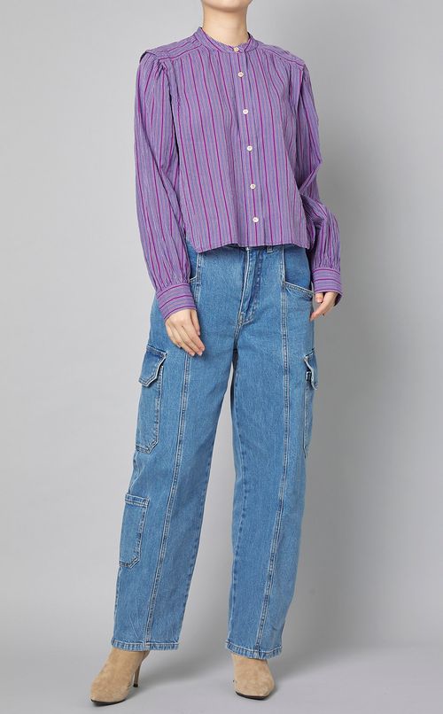 コットンストライプワイドスリーブブラウス