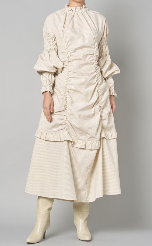 ピンストライプギャザーフリルワンピース