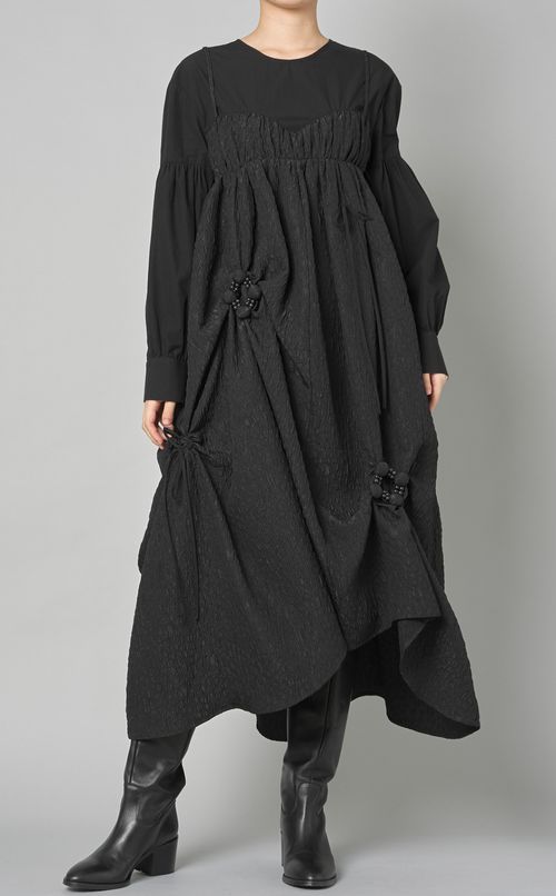 ギャザー切替ビーズモチーフワンピース