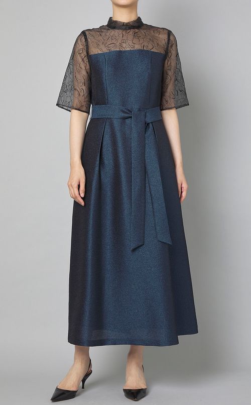 リボンベルト付ラメジャガードドレス