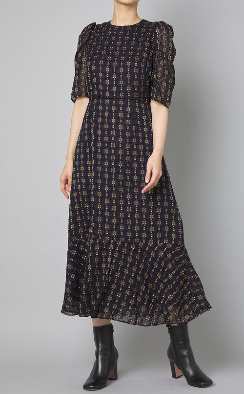 カットジャガードパフスリーブワンピース