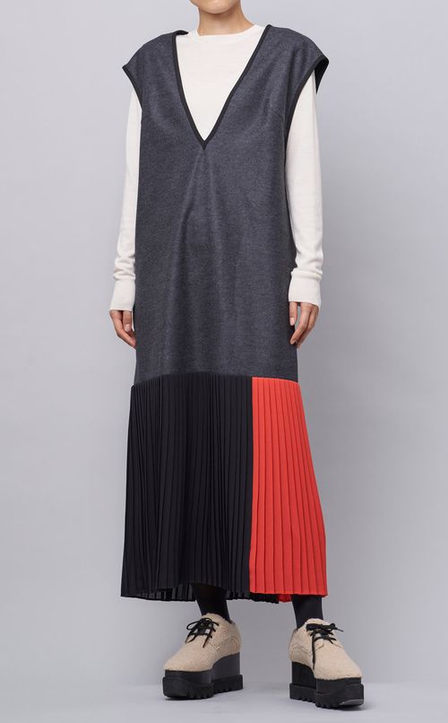 ウール混プリーツ切替ワンピース