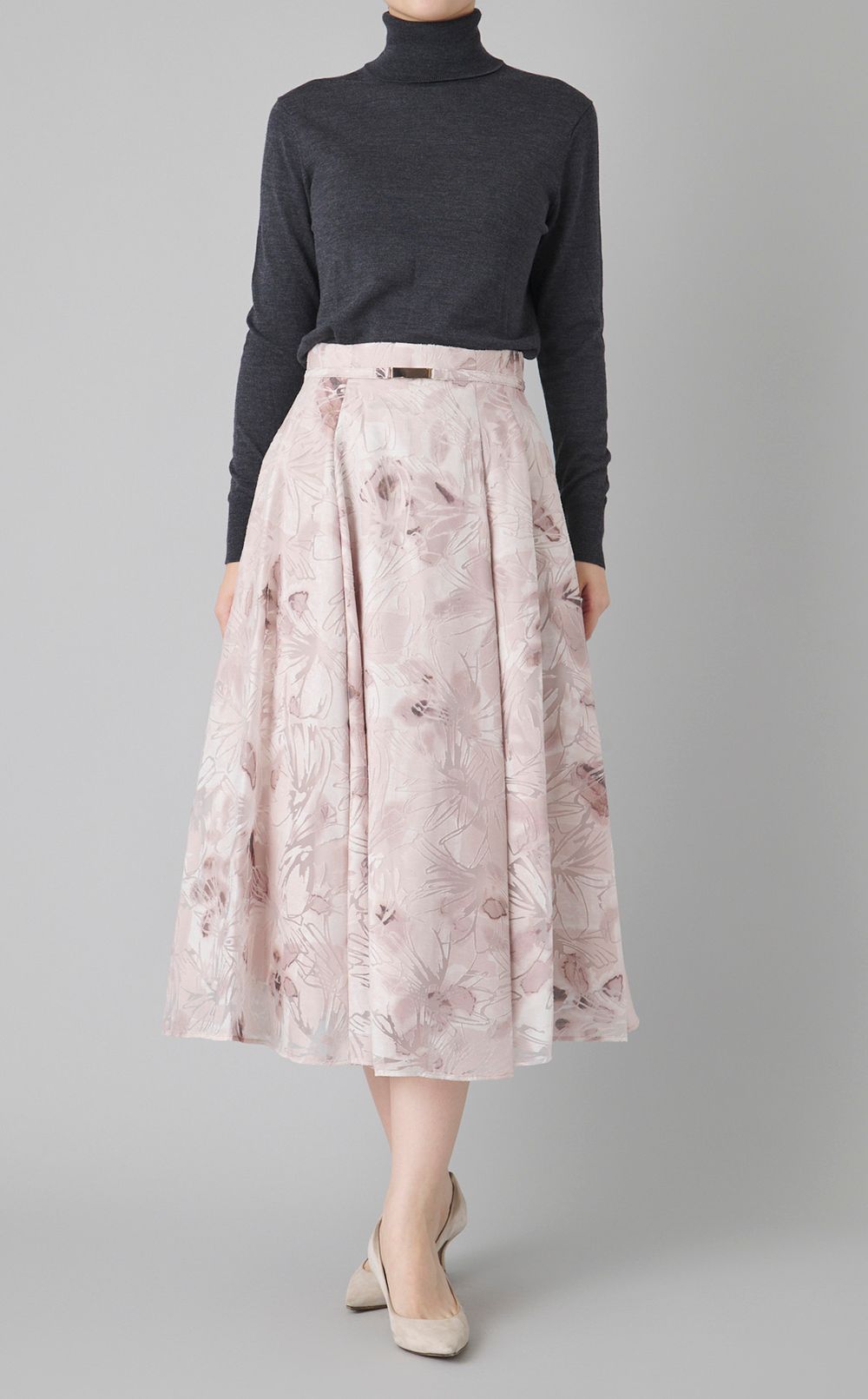 ベルト付きフラワープリントスカート