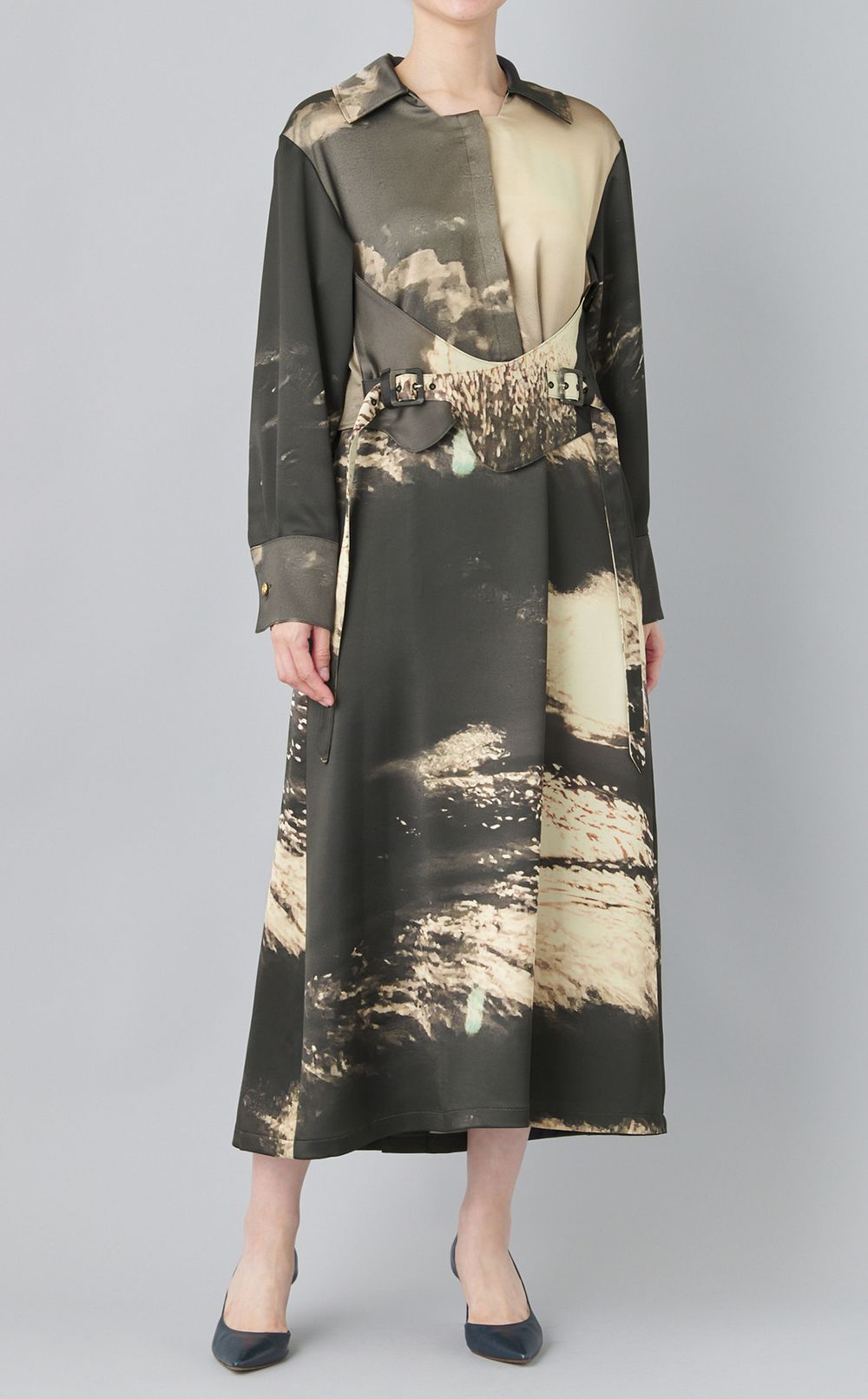 プリントウエストベルトワンピース