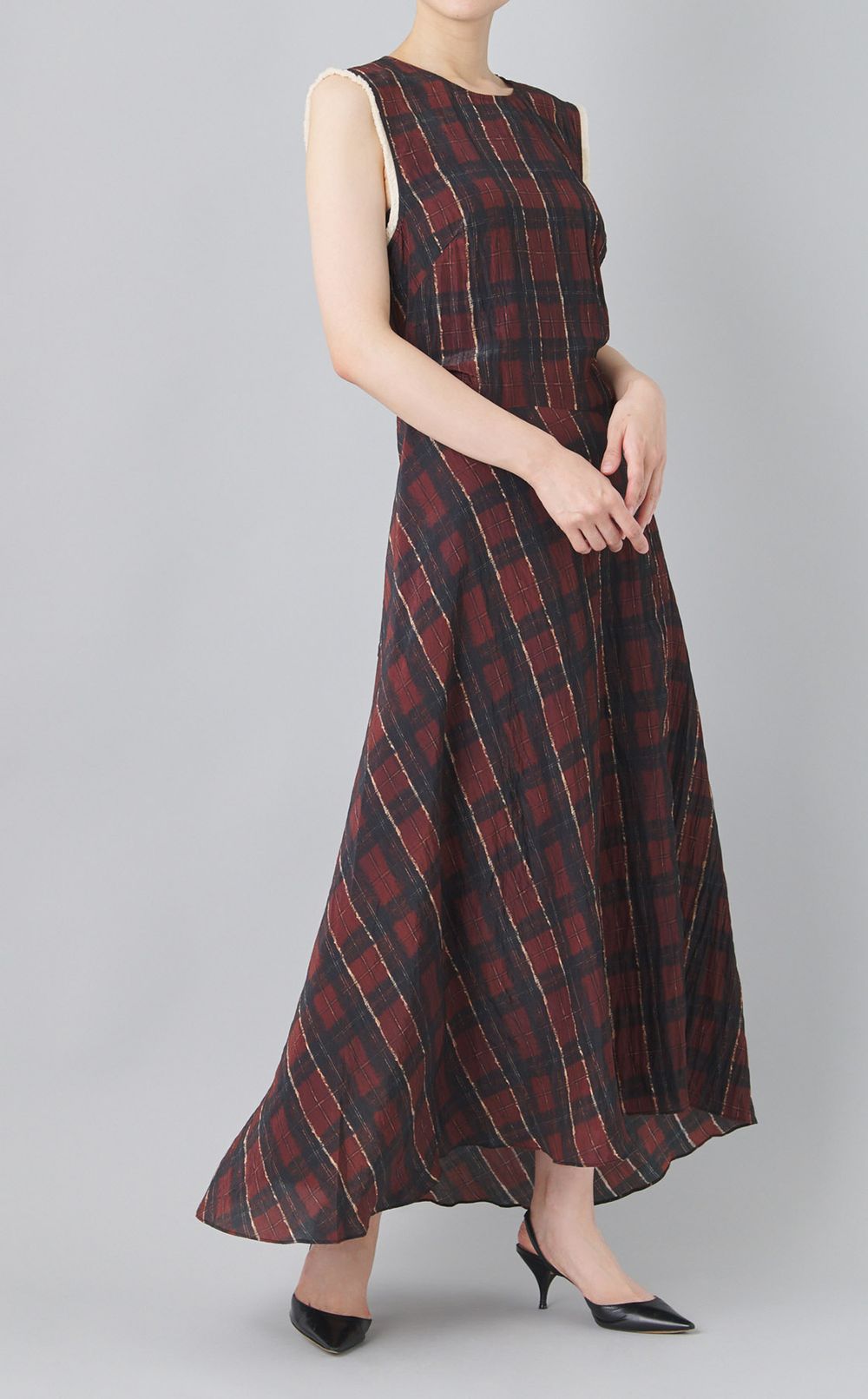 チェックプリントフリンジトリムワンピース