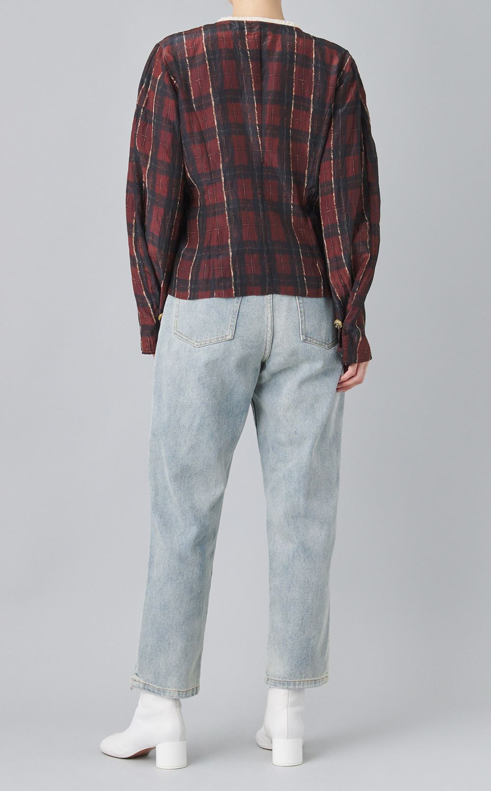 チェックプリントフリンジトリムブラウス