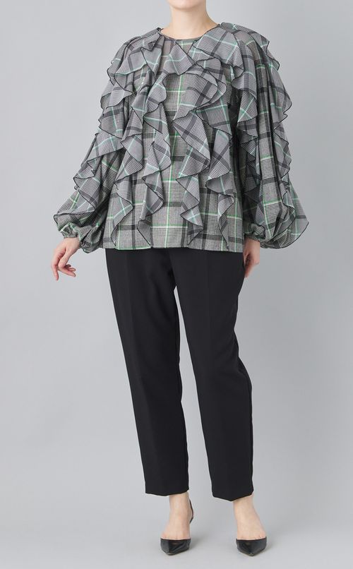 チェックプリントラッフルブラウス