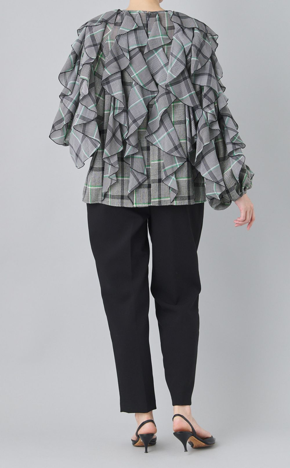 チェックプリントラッフルブラウス