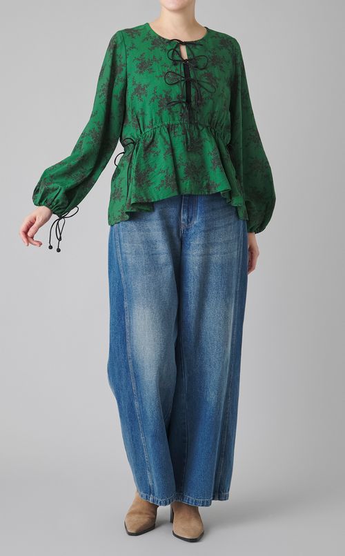 フラワープリントドローコードブラウス