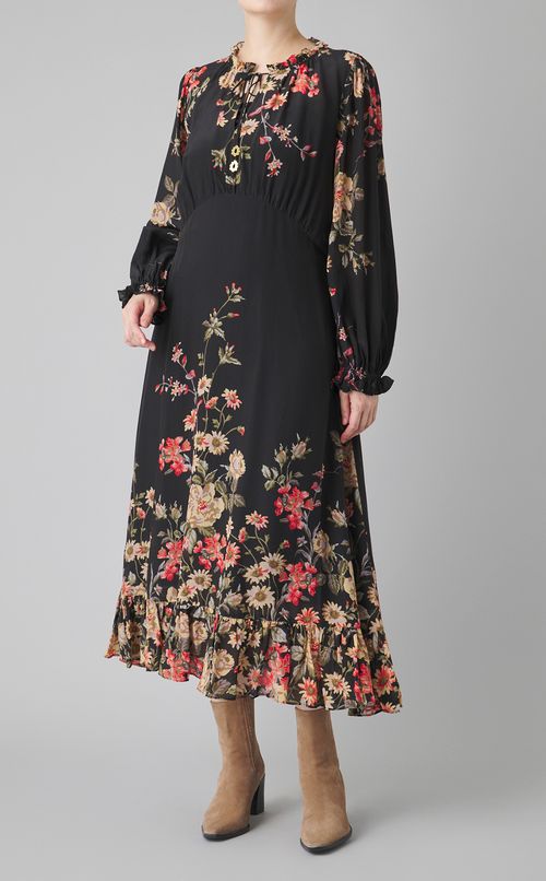 マルチフラワープリントギャザーワンピース