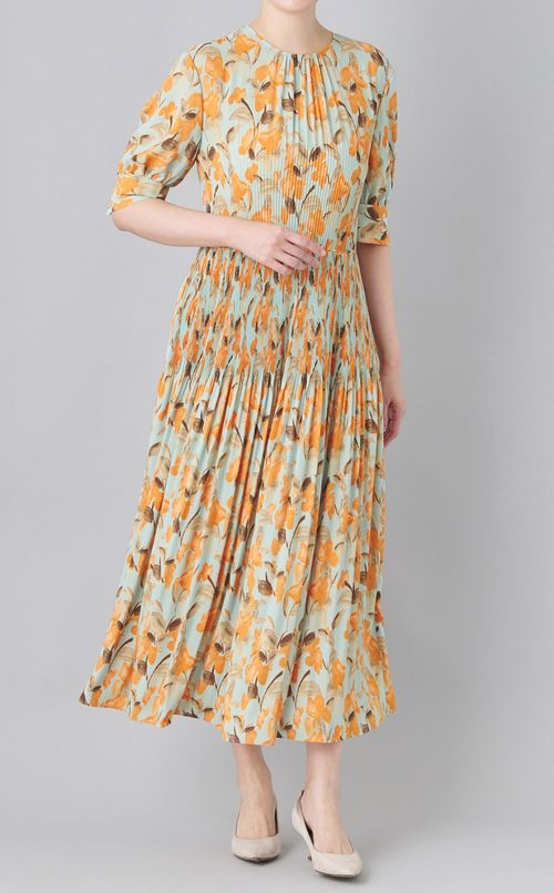 フラワープリントギャザーワンピース