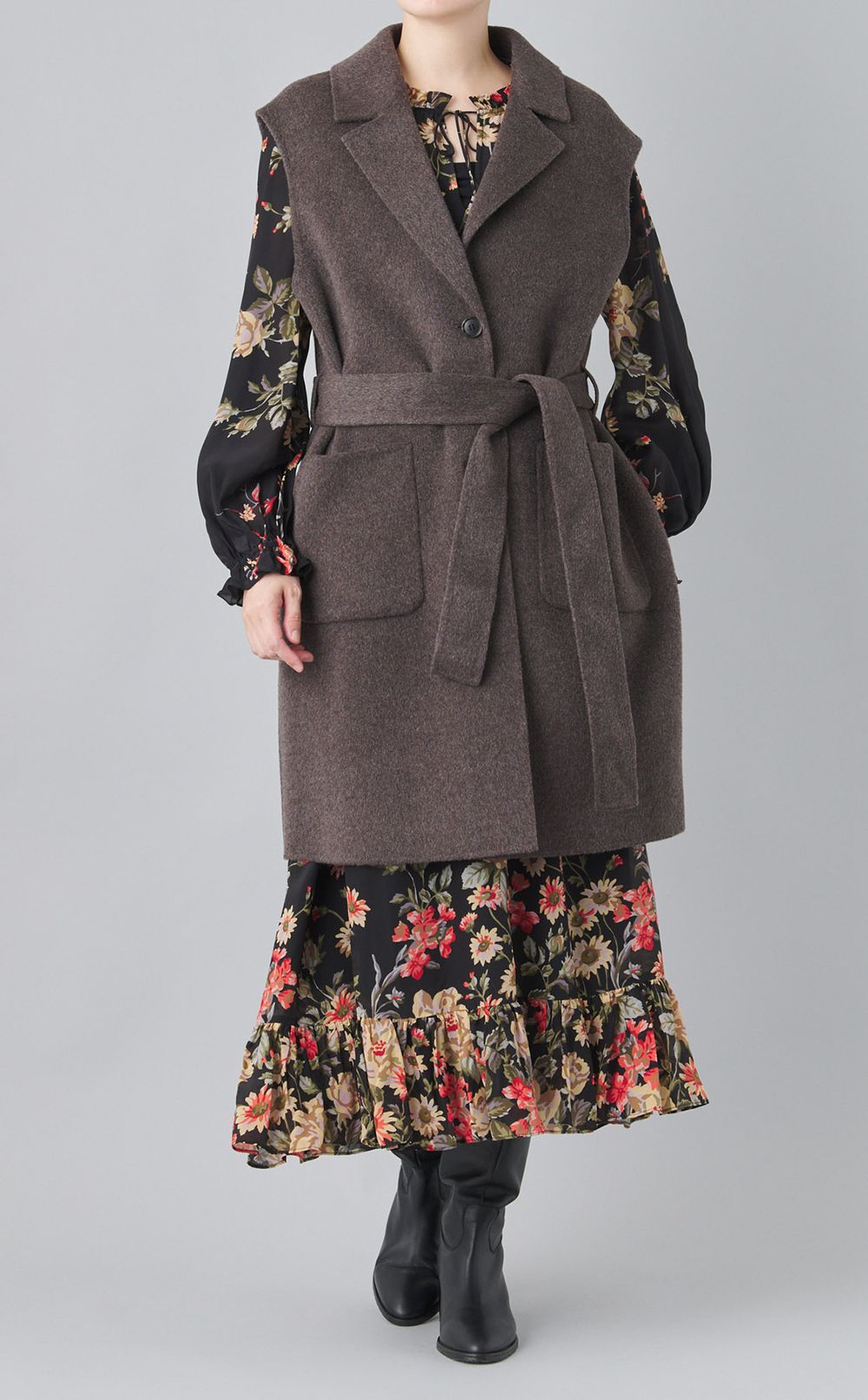 マルチフラワープリントギャザーワンピース