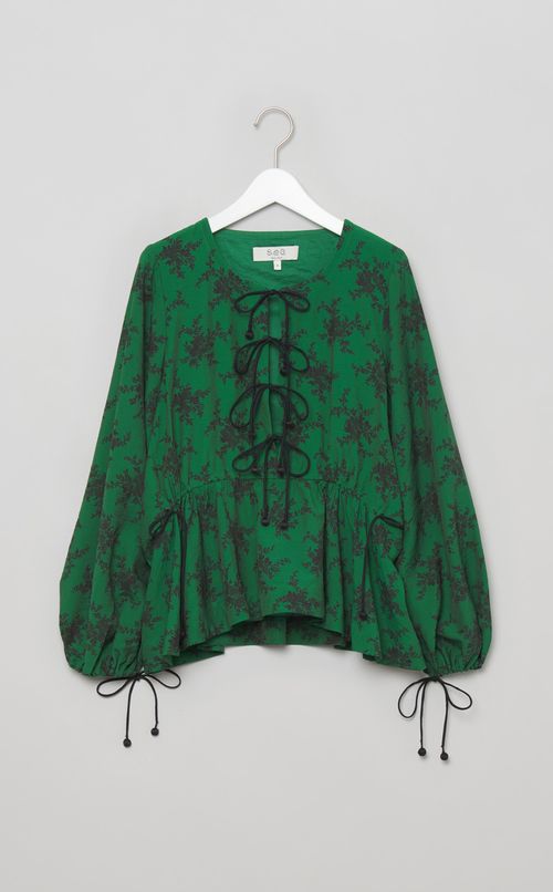 フラワープリントドローコードブラウス