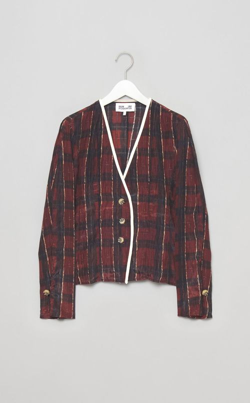 チェックプリントフリンジトリムブラウス