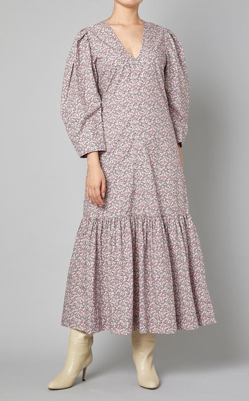 フラワープリントペプラムロングワンピース