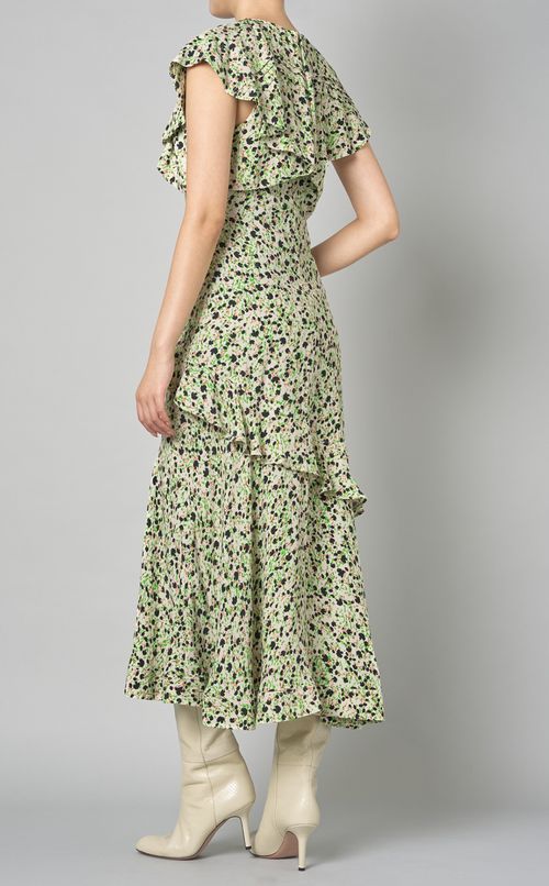 コラージュフラワ一プリントラッフルドレス