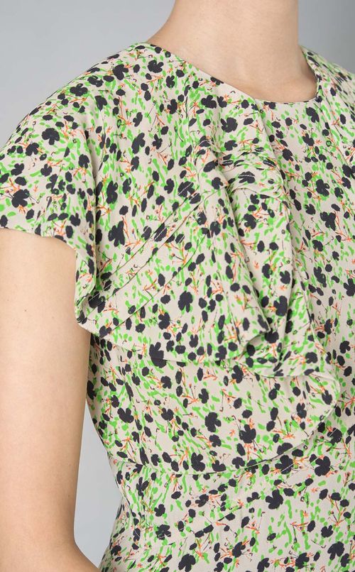 コラージュフラワ一プリントラッフルドレス