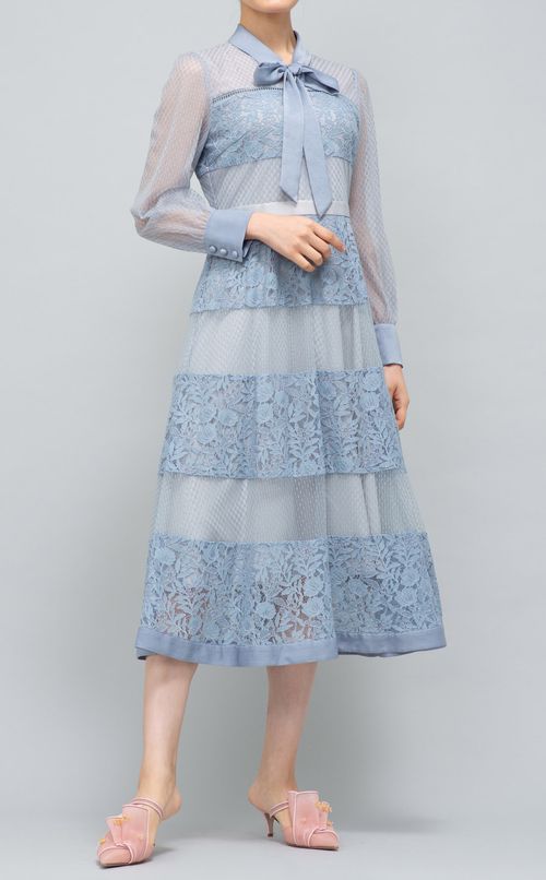 レース切替リボンフレアワンピース