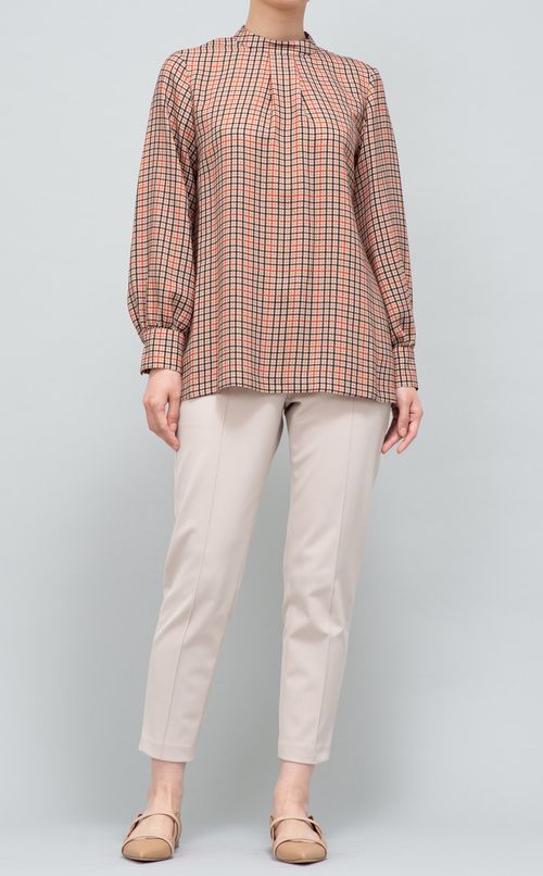 ツイルチェックギャザーブラウス