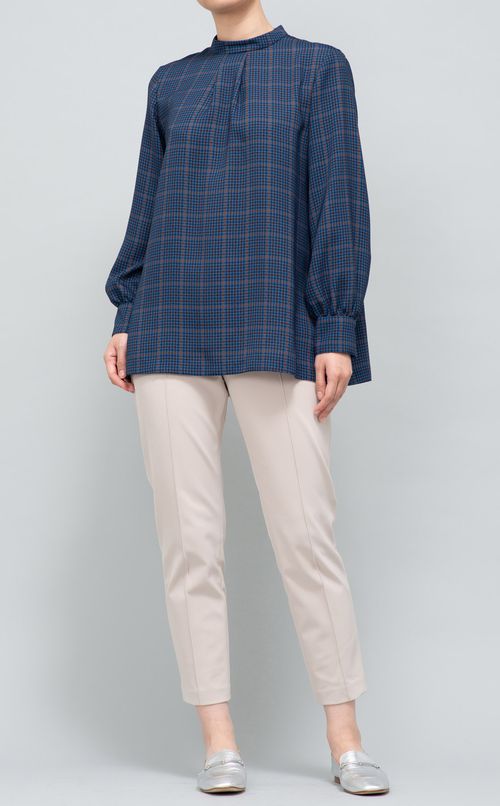 ツイルチェックギャザーブラウス