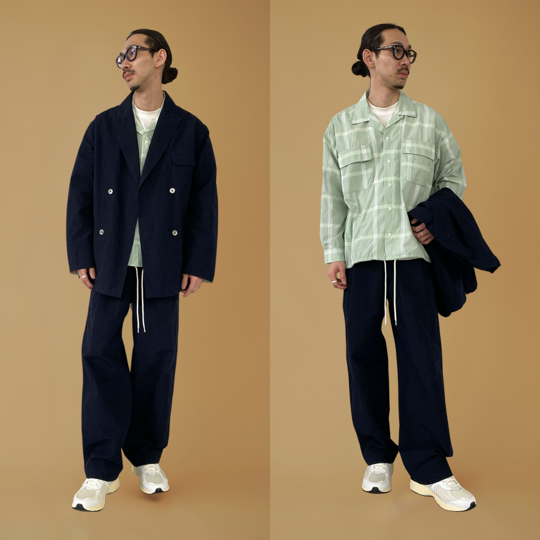 ウィンドウペンチェックシャツ×ネイビーセットアップの秋冬コーデ