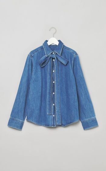 ボウタイ付きシャツカラーデニムシャツ