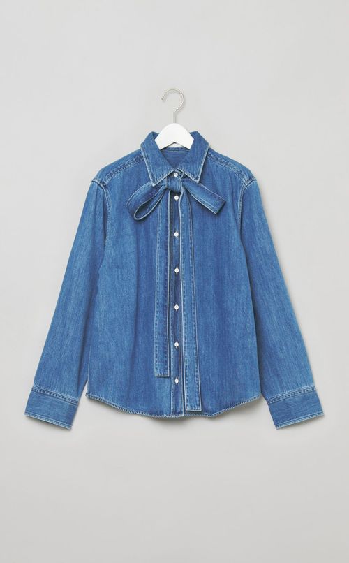 ボウタイ付きシャツカラーデニムシャツ