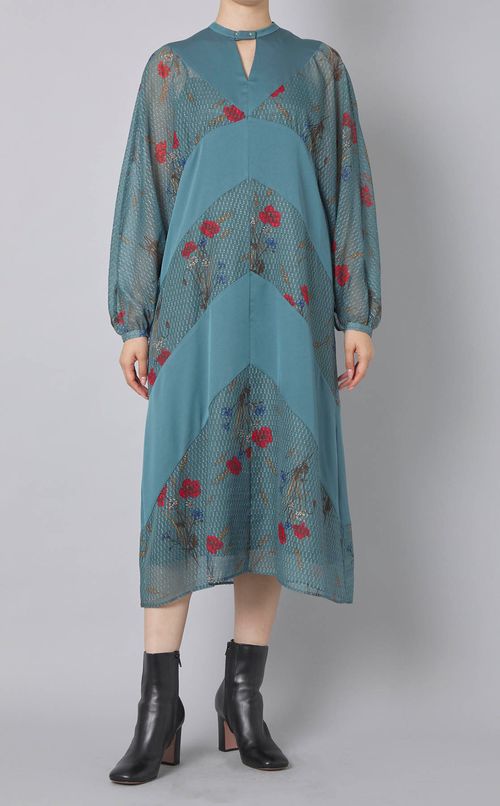 小麦プリントブロッキングワンピース