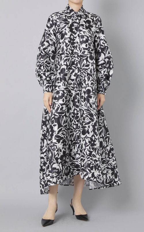 プリントフレアロングシャツワンピース