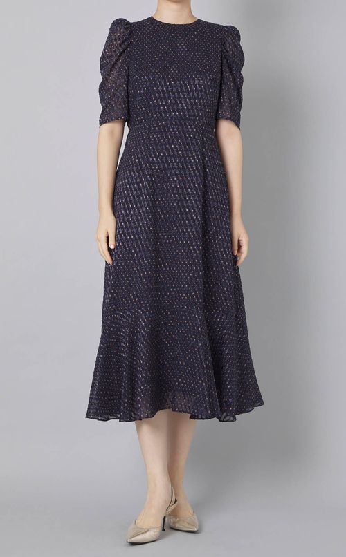 カットジャガードギャザースリーブドレス