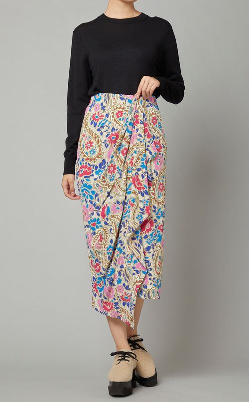 プリントセンタードレープミディスカート