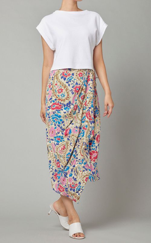 プリントセンタードレープミディスカート