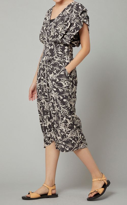 Vネックプリントドレープミディワンピース