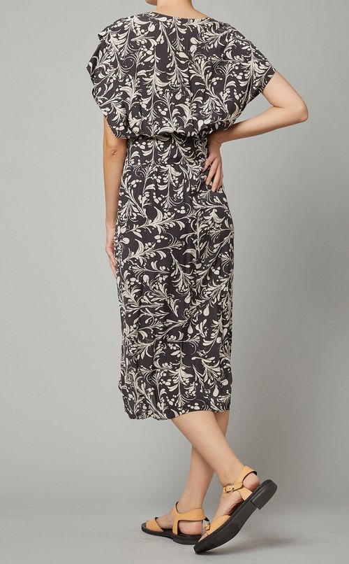 Vネックプリントドレープミディワンピース