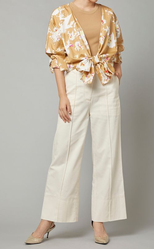 トロピカルプリントタイクロップドブラウス