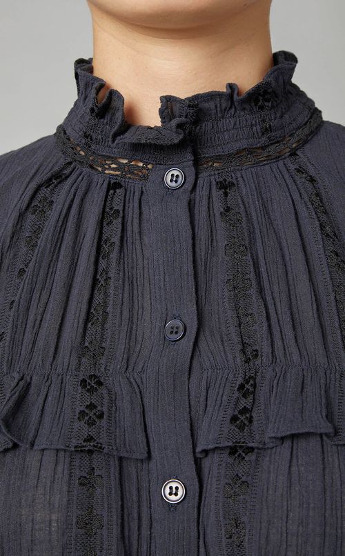 スタンドカラー長袖フリルブラウス