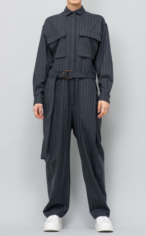 ベルト付きストライプオールインワン