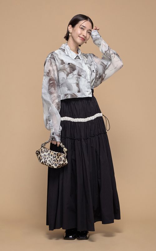 2wayピンストライプギャザーワンピース