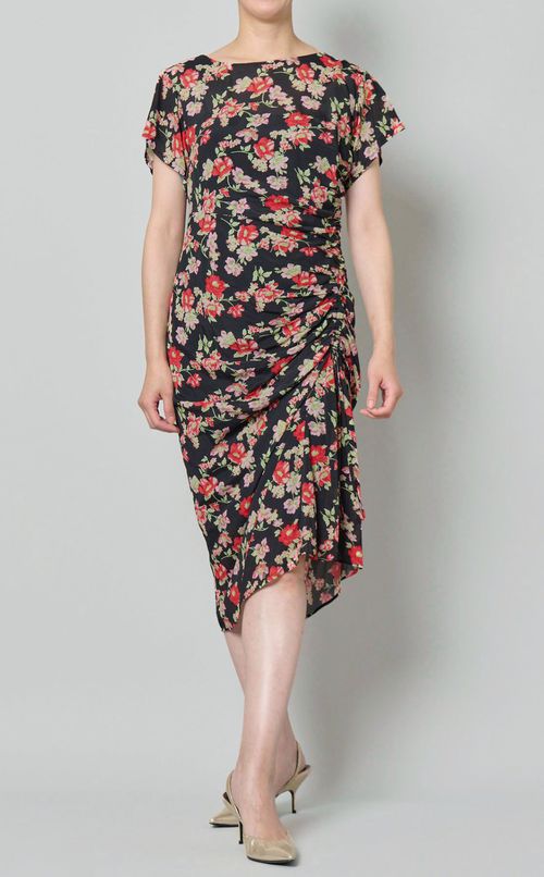 フラワープリントサイドギャザーワンピース