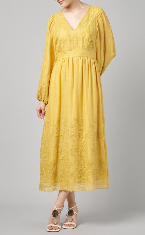Vネックエンブロイダリーロングドレス