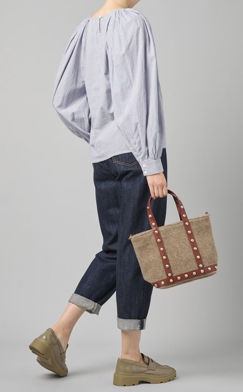 ストライプギャザースリーブブラウス