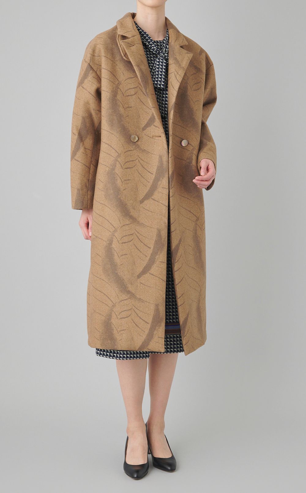 プリントウールロングコート