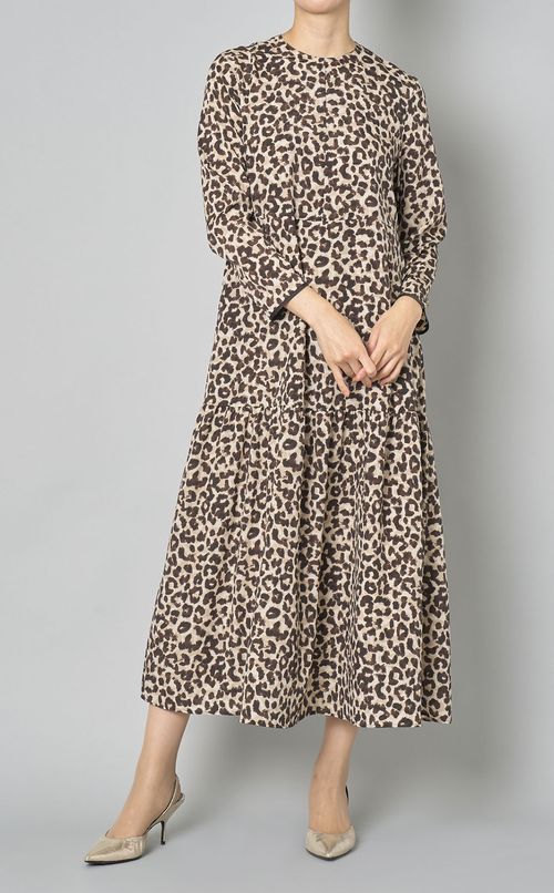 レオパードプリントギャザーワンピース