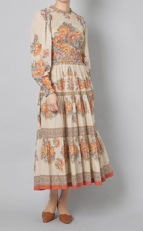 フラワープリントスモックワンピース