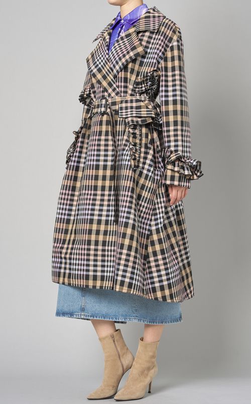 フリルベル卜付チェックトレンチコート