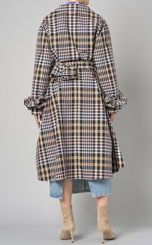 フリルベル卜付チェックトレンチコート