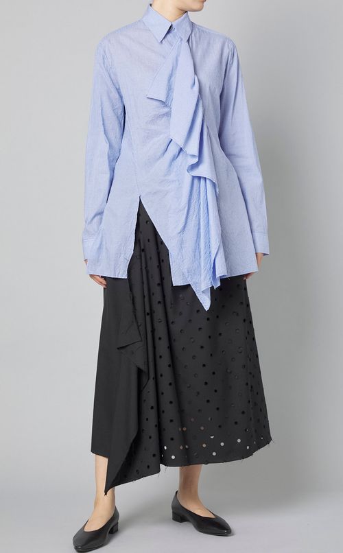 シワ加工フリルストライプシャツ