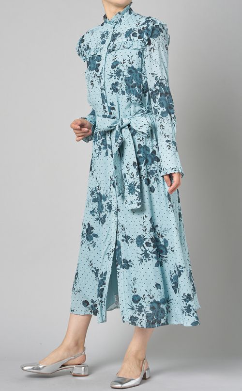 ラッフルディテールプリントワンピース