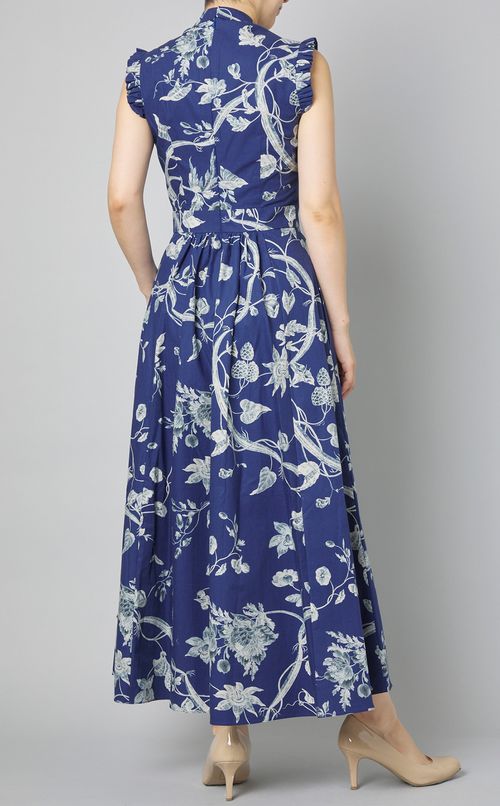 プリントスリーブレスラッフルワンピース