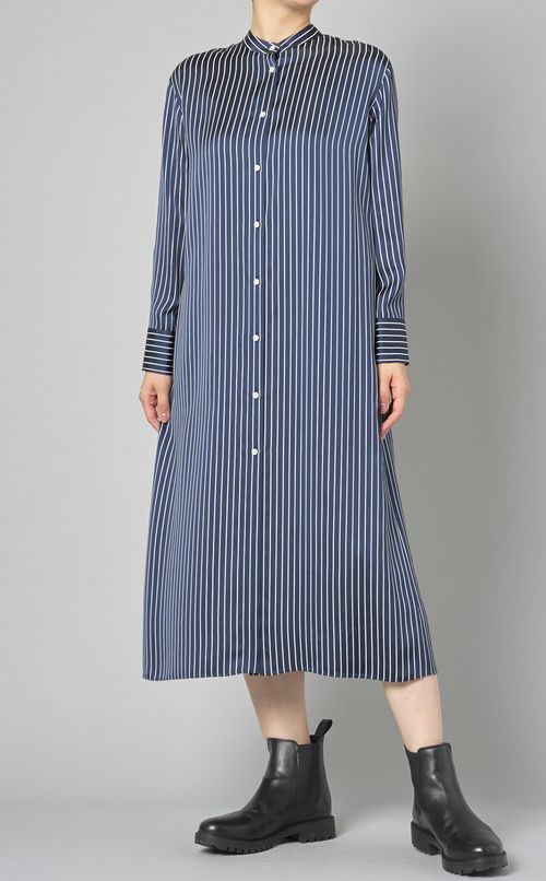 スタンドカラーストライプシャツドレス